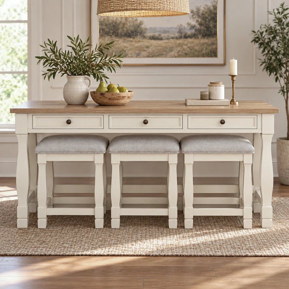 Brio Multi-Purpose Desk and Stools Set, Rubber Wood, White