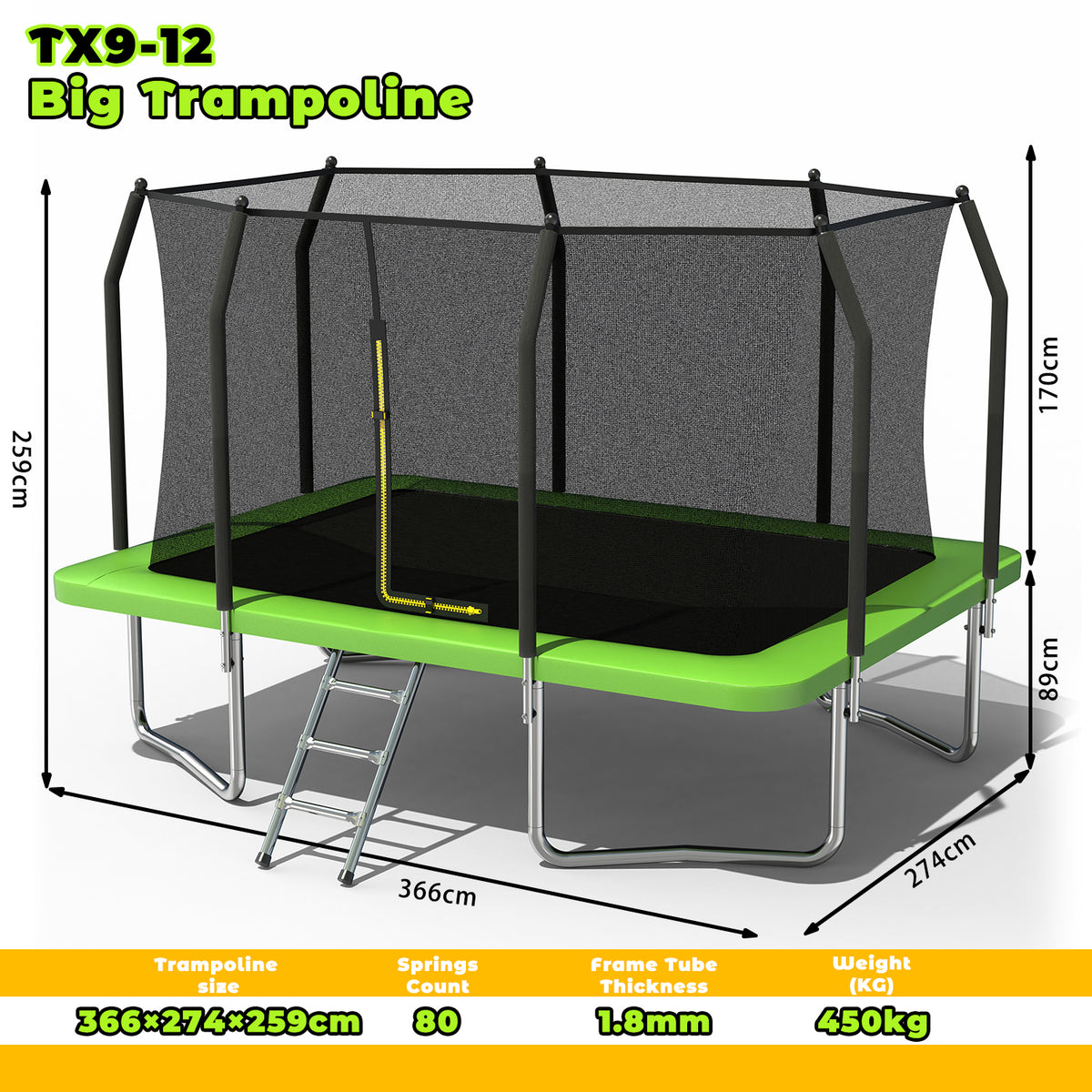Eeeza Outdoor Trampoline, Rectangular, 100kg Capacity, 9*12 Ft