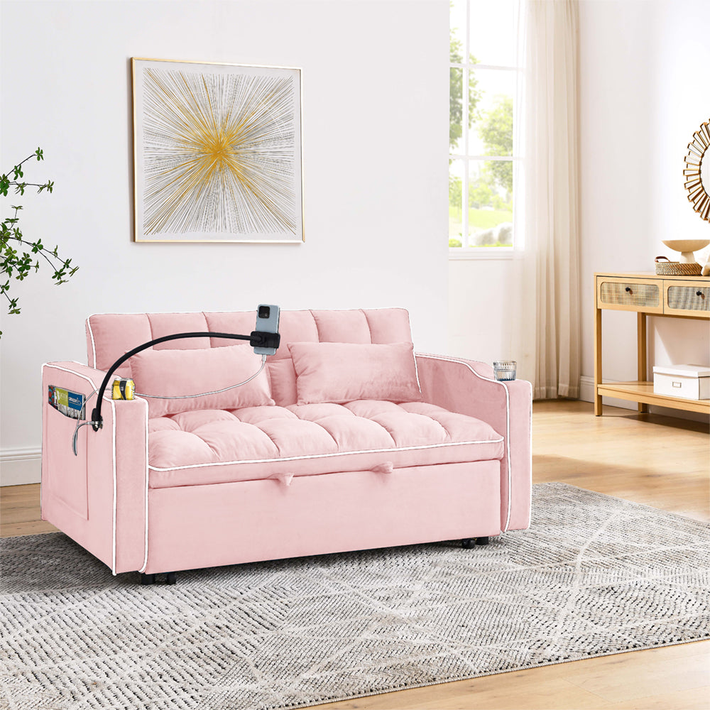 Eeeza Modern Velvet Sofa Bed with Cushions and Phone Holder, 2-seater