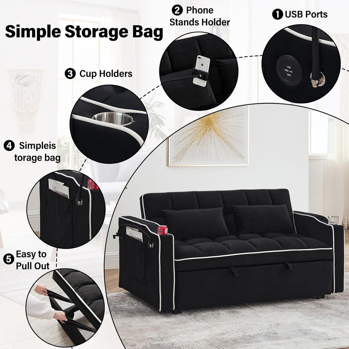 Eeeza Modern Velvet Sofa Bed with Cushions and Phone Holder, 2-seater