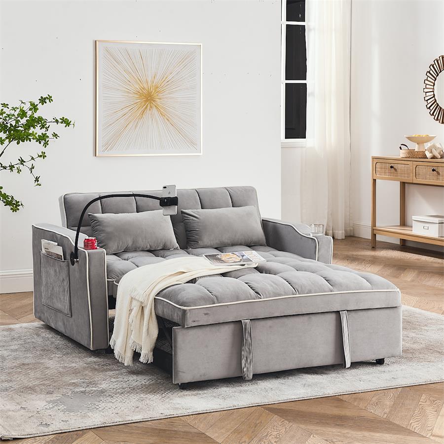 Eeeza Modern Velvet Sofa Bed with Cushions and Phone Holder, 2-seater