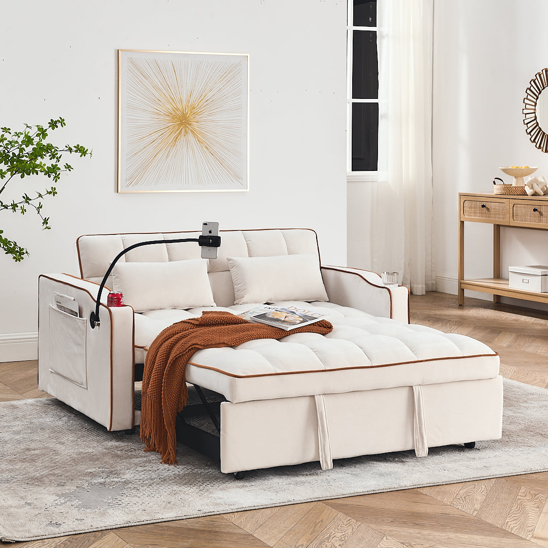 Eeeza Modern Velvet Sofa Bed with Cushions and Phone Holder, 2-seater
