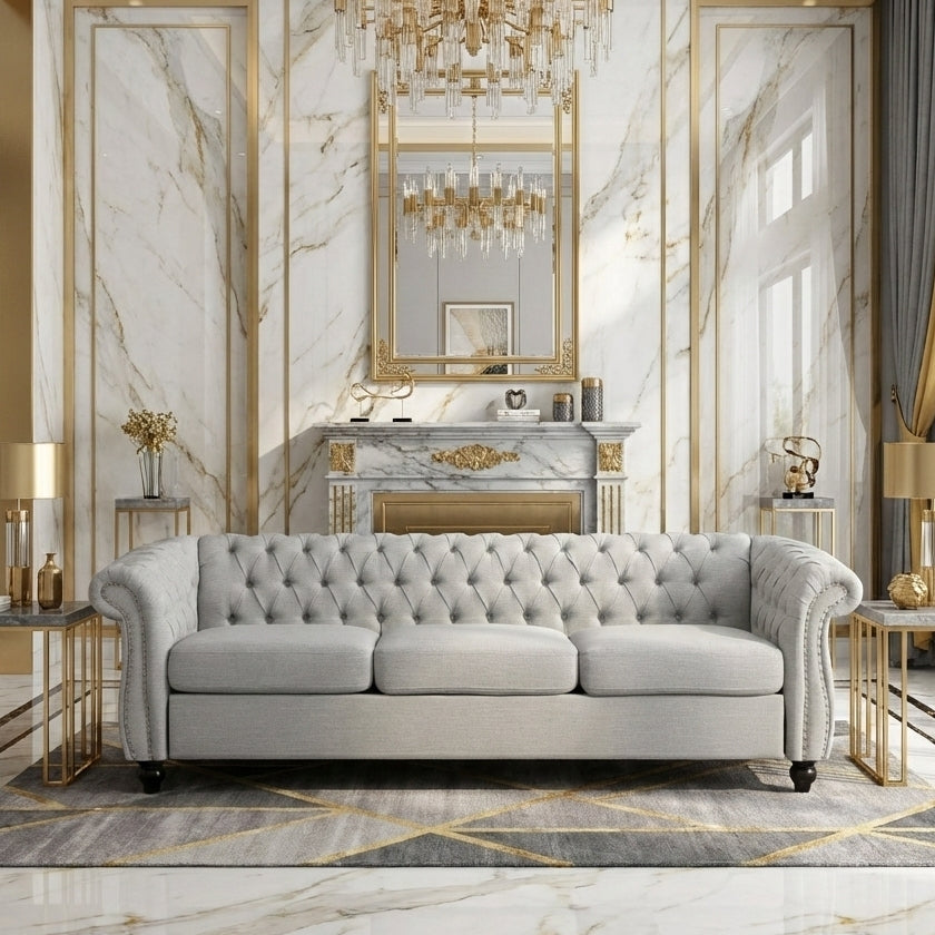 Chalantevo Button Tufted Sofa, 3-Seater, Upholstered Fabric, 215.3cm