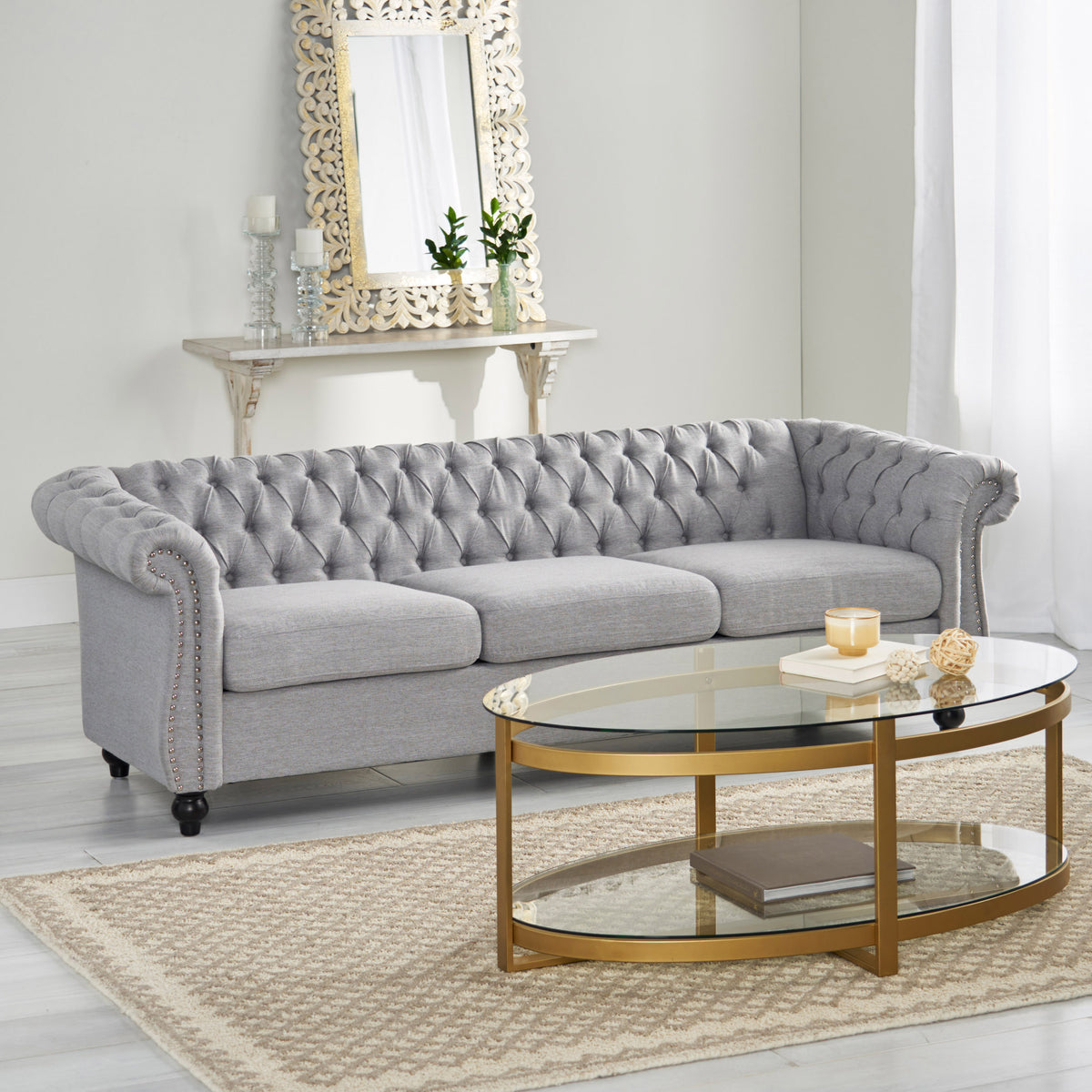 Chalantevo Button Tufted Sofa, 3-Seater, Upholstered Fabric, 215.3cm