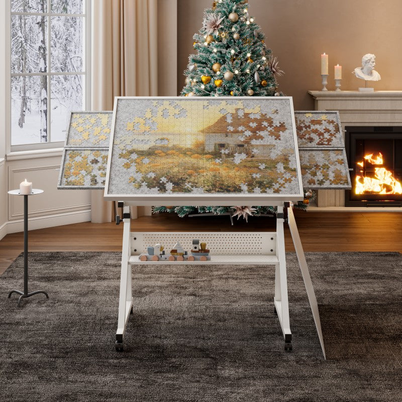 Eeeza 1500pcs Jigsaw Puzzle Table with 4 Trays, Metal, White