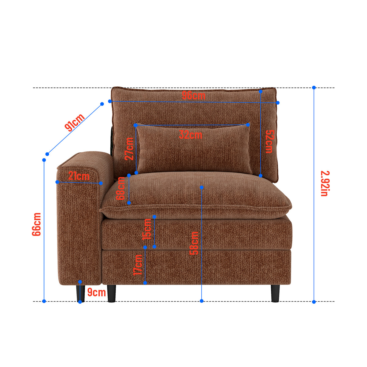 Modern 1-seater Sofa with A Throw Pillow, Chenille, Eucalyptus Wood