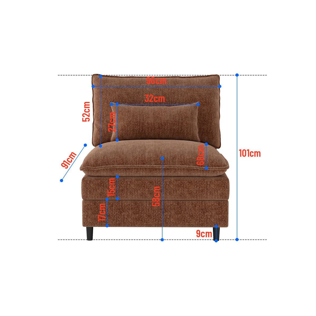 Modern 1-seater Sofa with A Throw Pillow, Chenille, Eucalyptus Wood