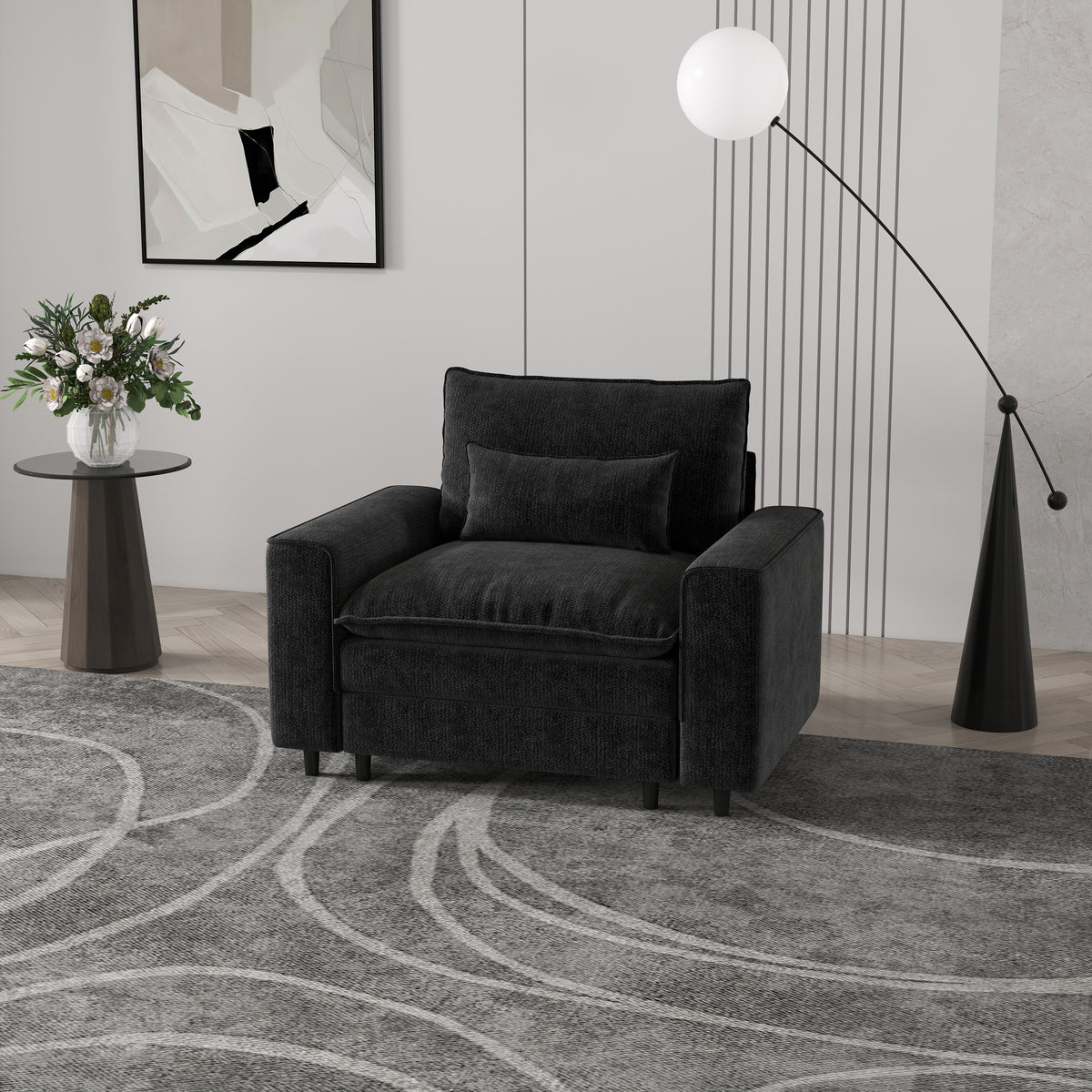 Modern 1-seater Sofa with A Throw Pillow, Chenille, Eucalyptus Wood