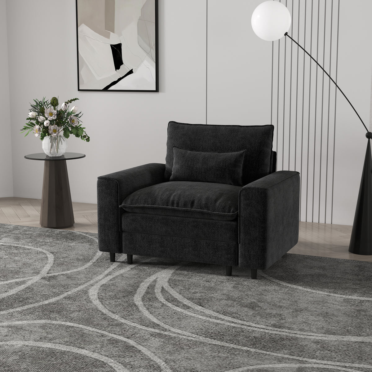 Modern 1-seater Sofa with A Throw Pillow, Chenille, Eucalyptus Wood