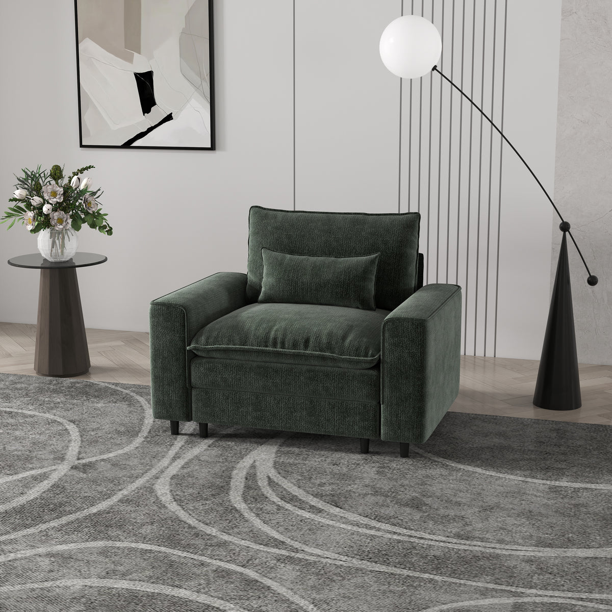 Modern 1-seater Sofa with A Throw Pillow, Chenille, Eucalyptus Wood