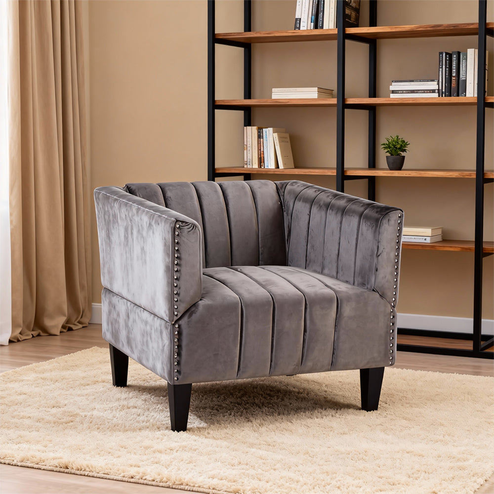 Classic Brown/Navy Blue Plush Velvet Upholstered Accent Chair