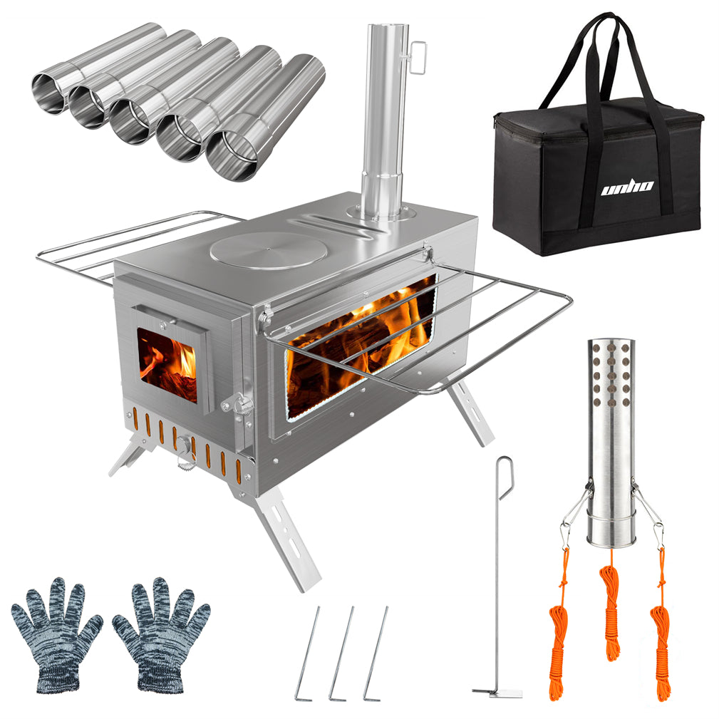 Stainless Steel Portable Camping Wood Stove Tent Stove w/ Chimney Pipe