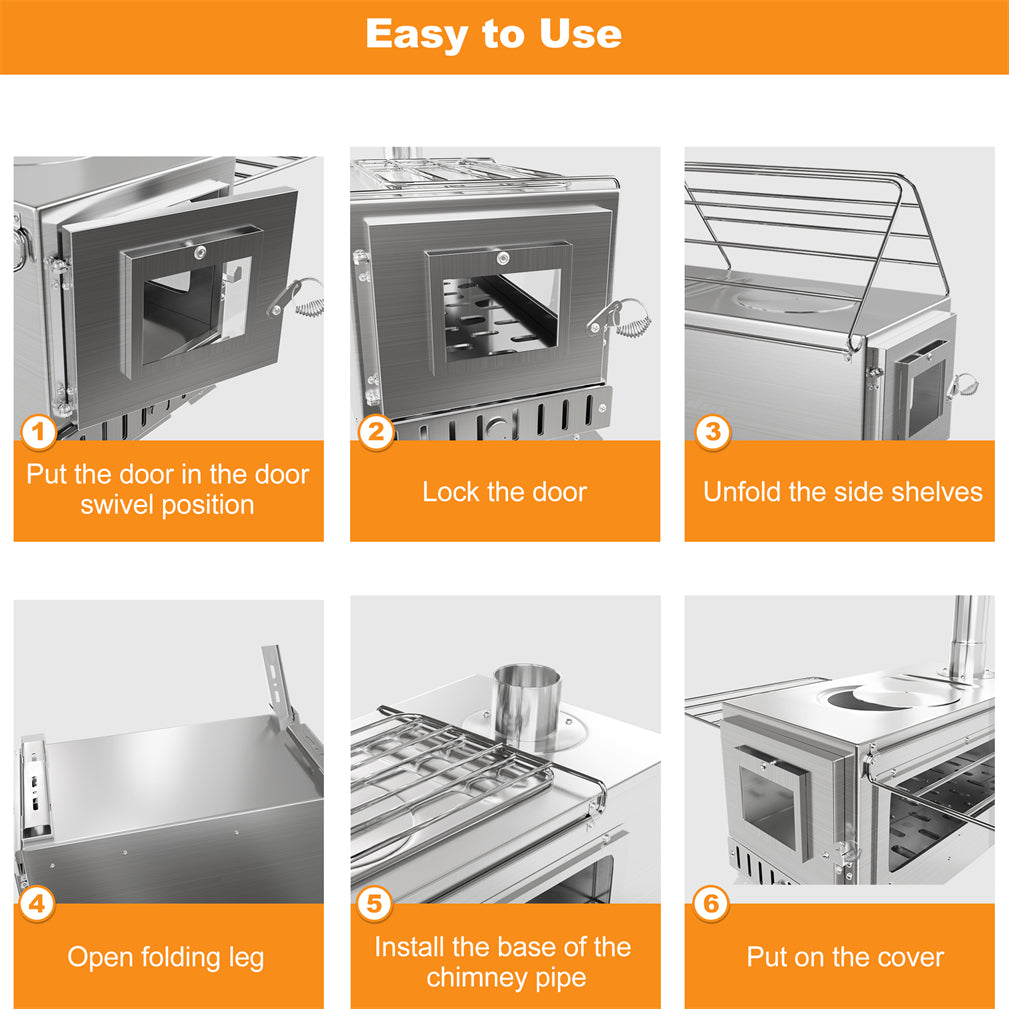 Stainless Steel Portable Camping Wood Stove Tent Stove w/ Chimney Pipe