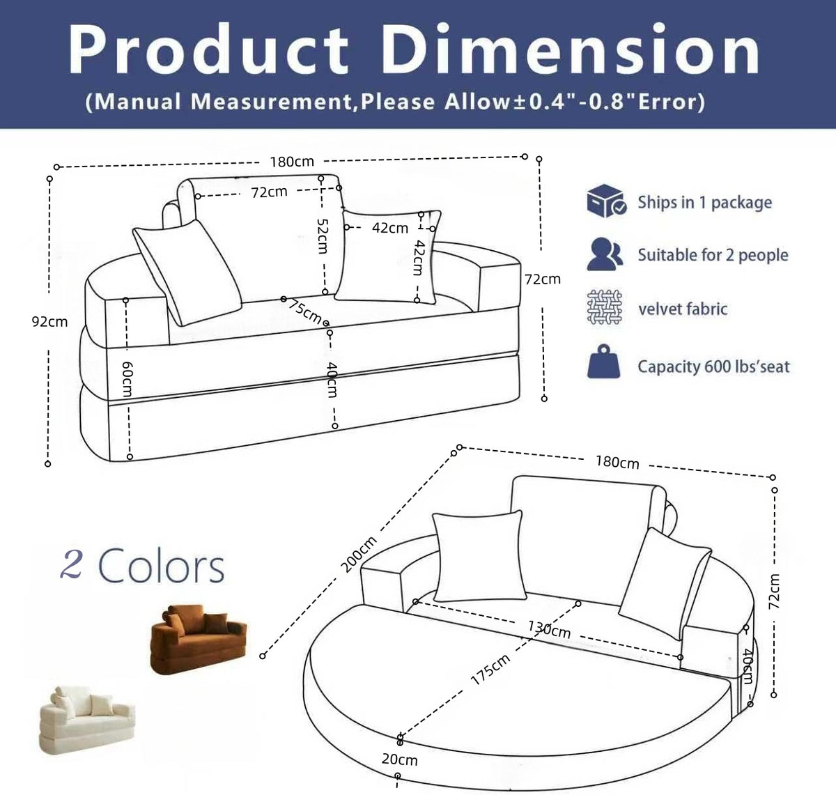 Eeeza Convertible Sofa Bed, Round, 2-seater, Velvet Fabric
