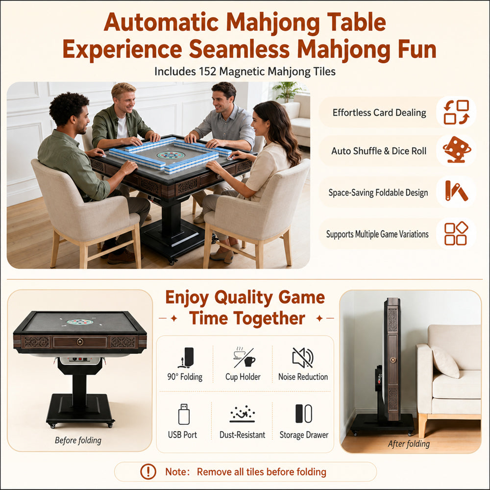 Eeeza Automatic Mahjong Table with 2 Set of Tiles, Drum-type, Black