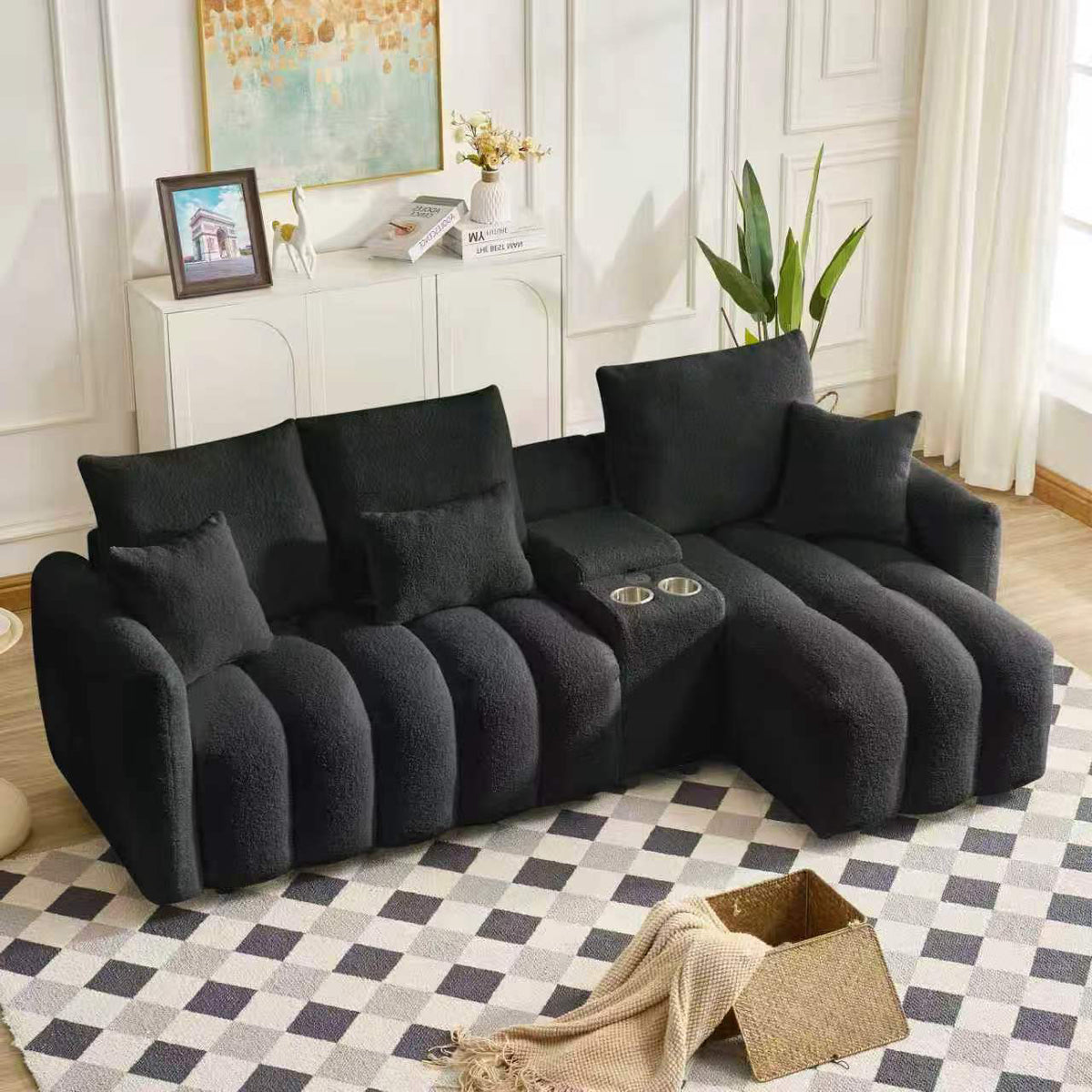 Eeeza Corner Sofa with USB Ports, Teddy Fabric, 3-seater, 92-inch