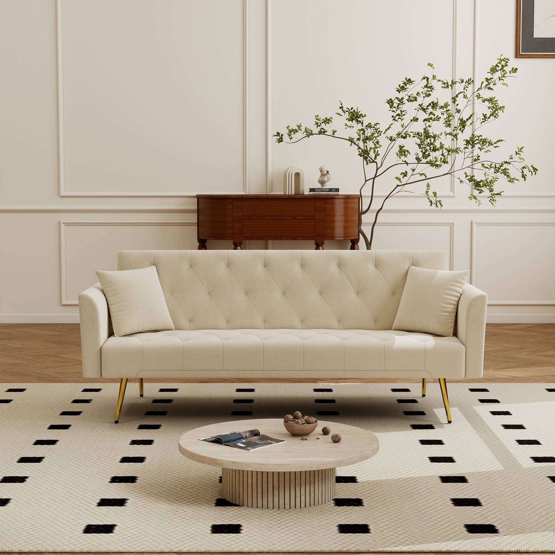 Modern Foldable Sleeper Sofa with Tufted, Velvet, 181cm Length