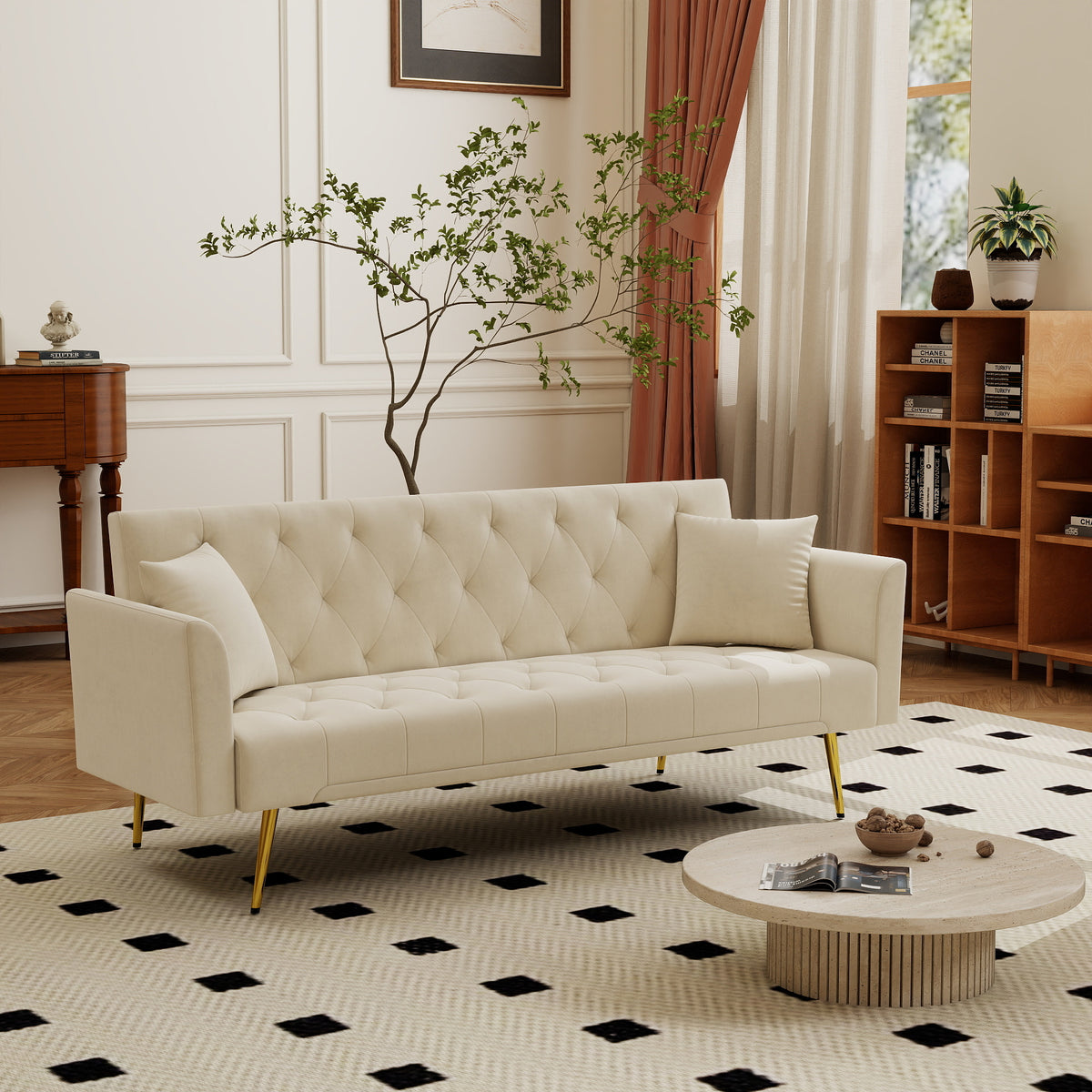 Modern Foldable Sleeper Sofa with Tufted, Velvet, 181cm Length