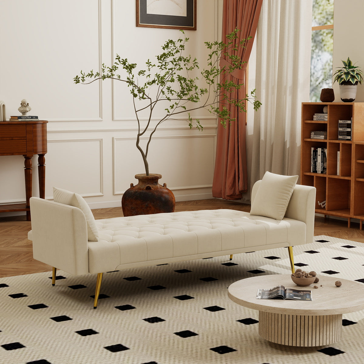 Modern Foldable Sleeper Sofa with Tufted, Velvet, 181cm Length