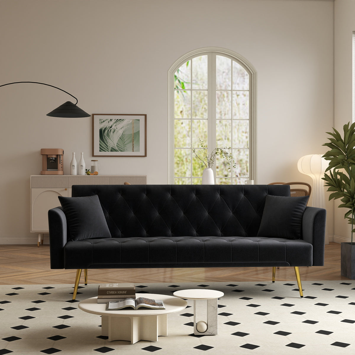 Modern Foldable Sleeper Sofa with Tufted, Velvet, 181cm Length