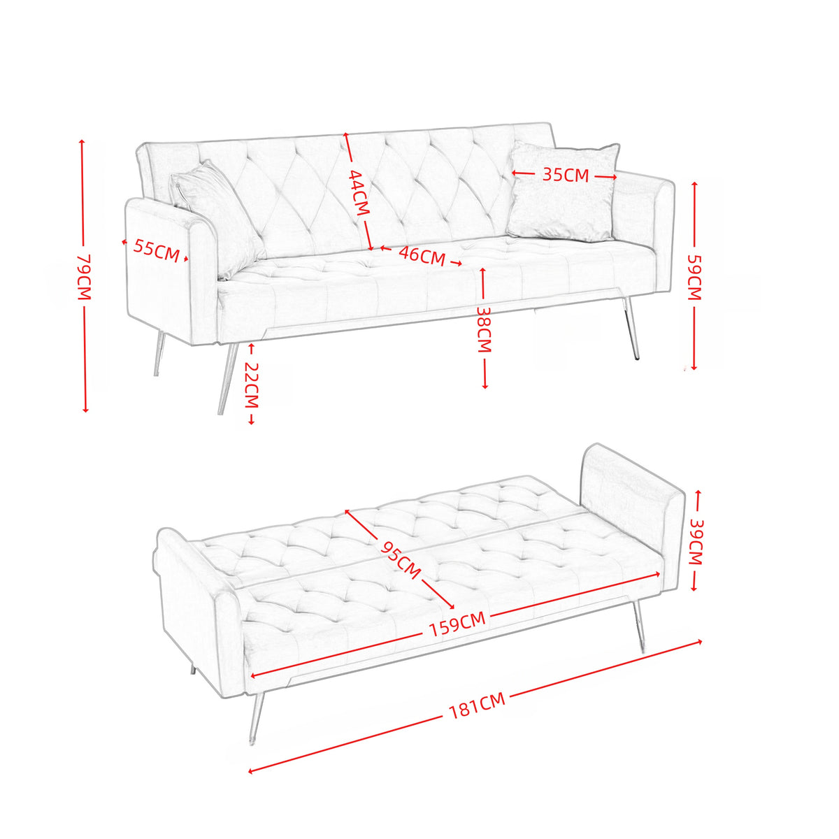 Modern Foldable Sleeper Sofa with Tufted, Velvet, 181cm Length