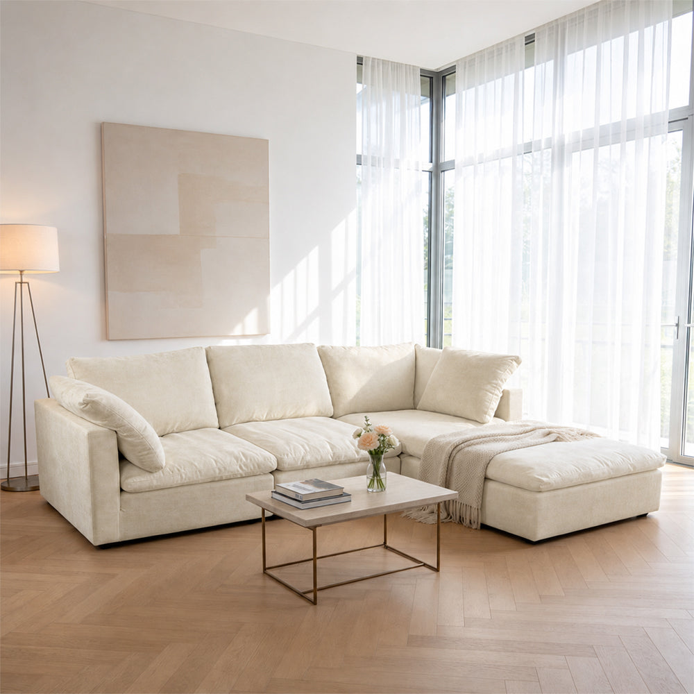 Eeeza Modular Sectional Sofa with Ottoman, 3-seater, Chenille, White