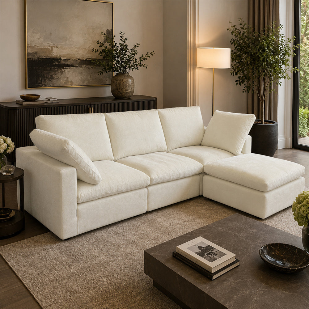Eeeza Modular Sectional Sofa with Ottoman, 3-seater, Chenille, White