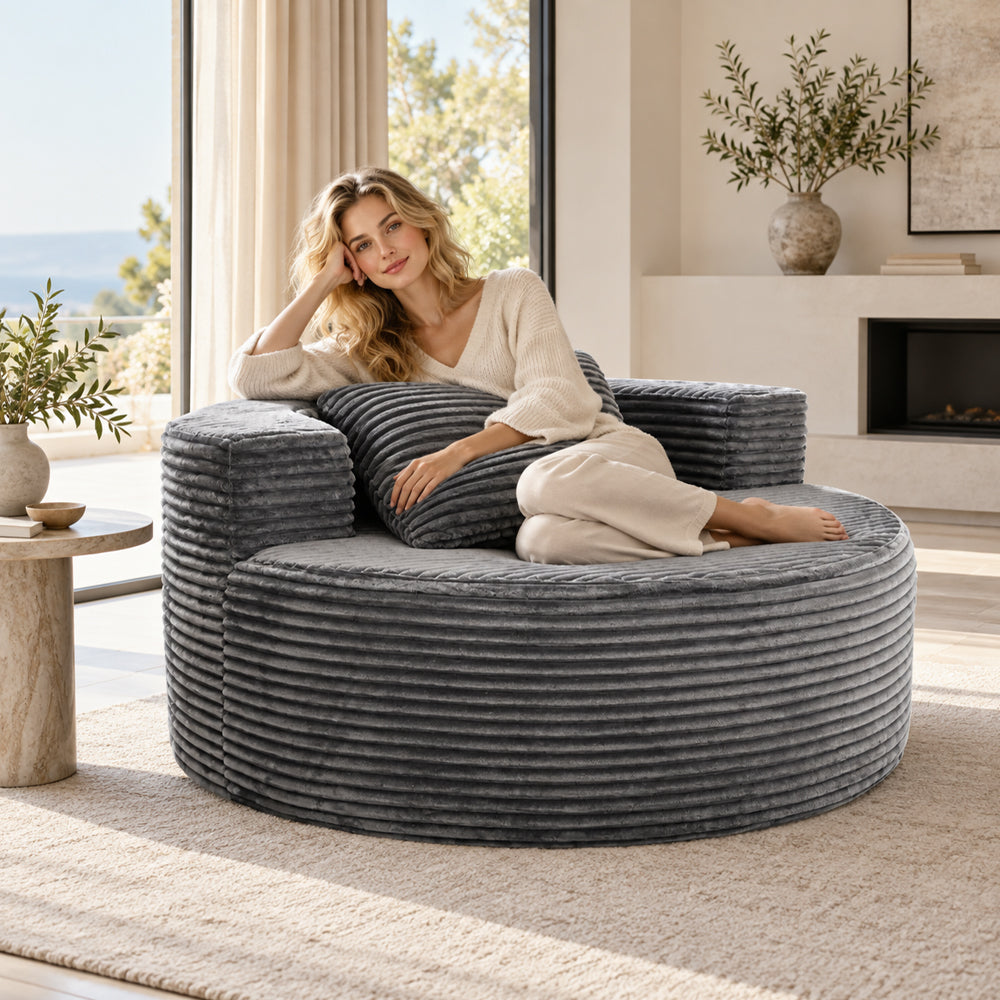 Modern Lazy Sofa with 3 Backrest Pillows, Corduroy, Round, Grey