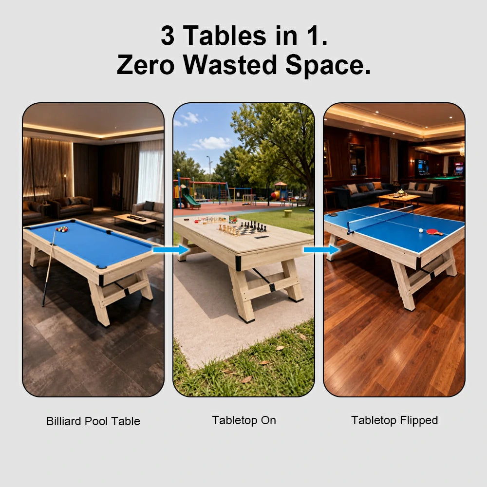 DOBO SPORTS 3-in-1 Billiard Pool Table with Ping Pong & Dining Modes