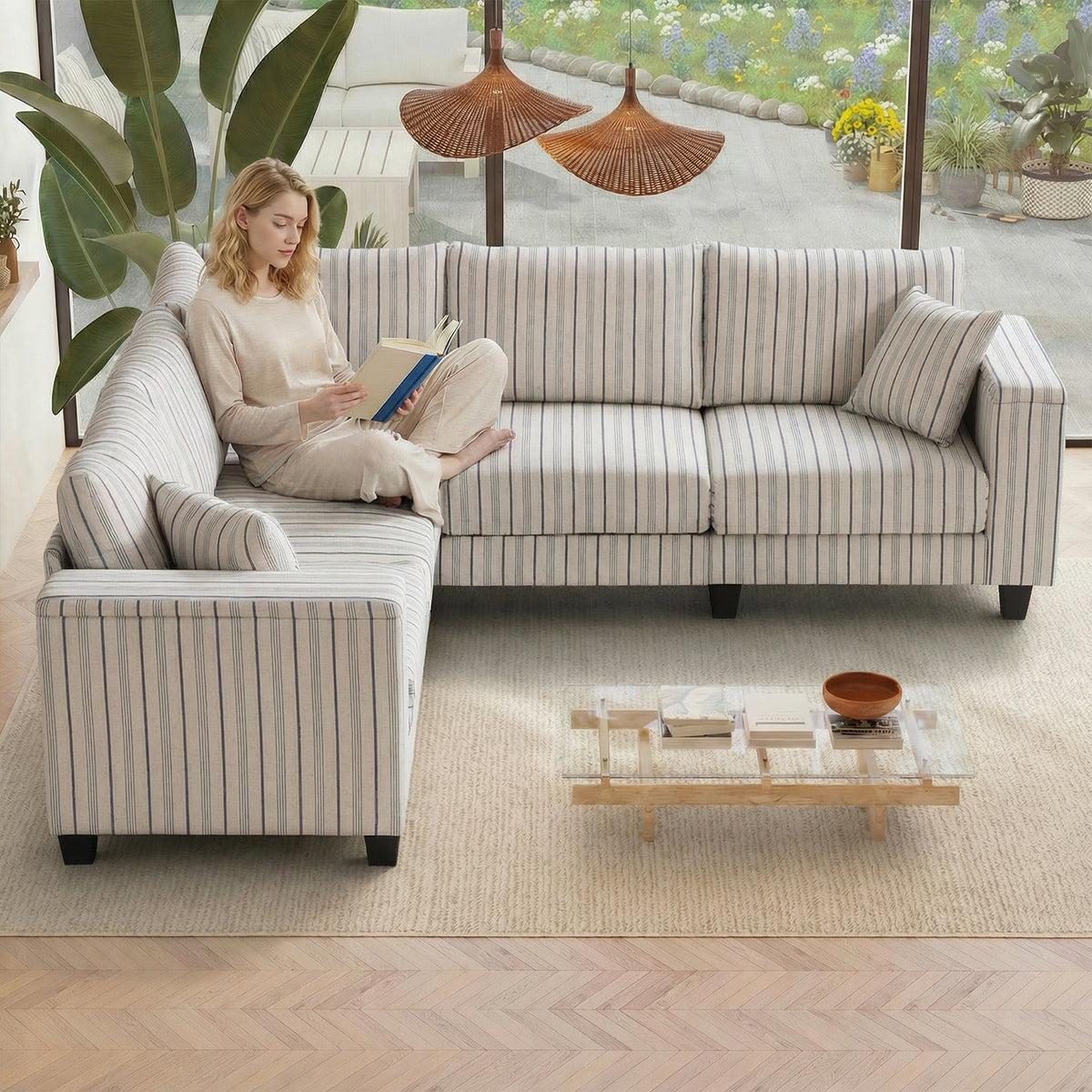 Eeeza L-Shaped Deep Sectional Sofa with Armrest Storage, 5-Seater