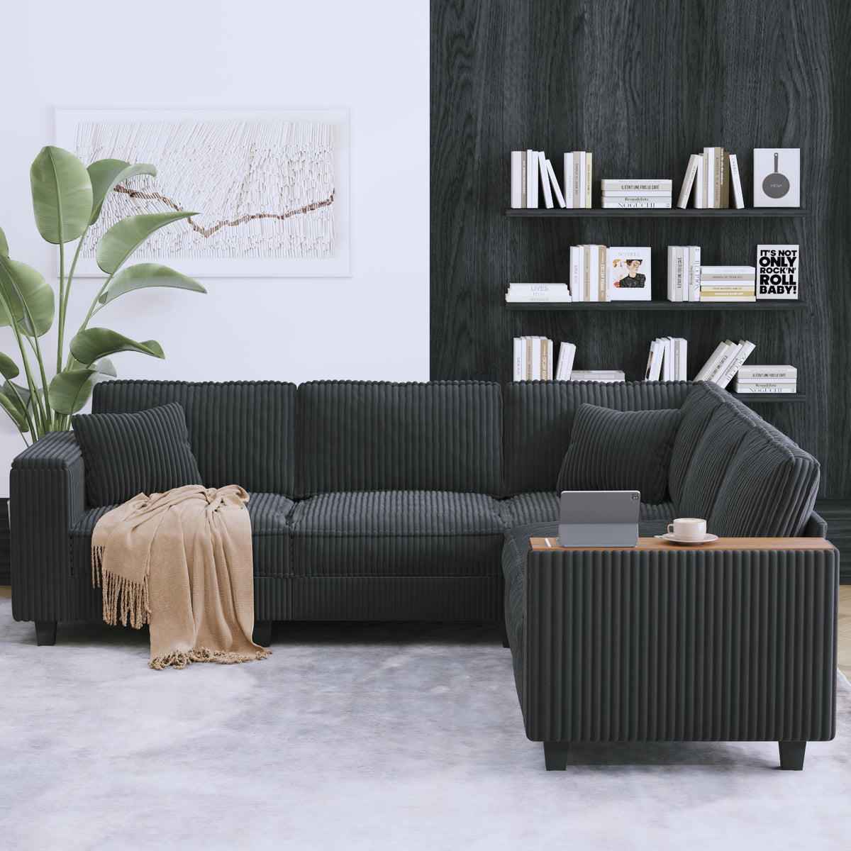 Eeeza L-Shaped Deep Sectional Sofa with Armrest Storage, 5-Seater