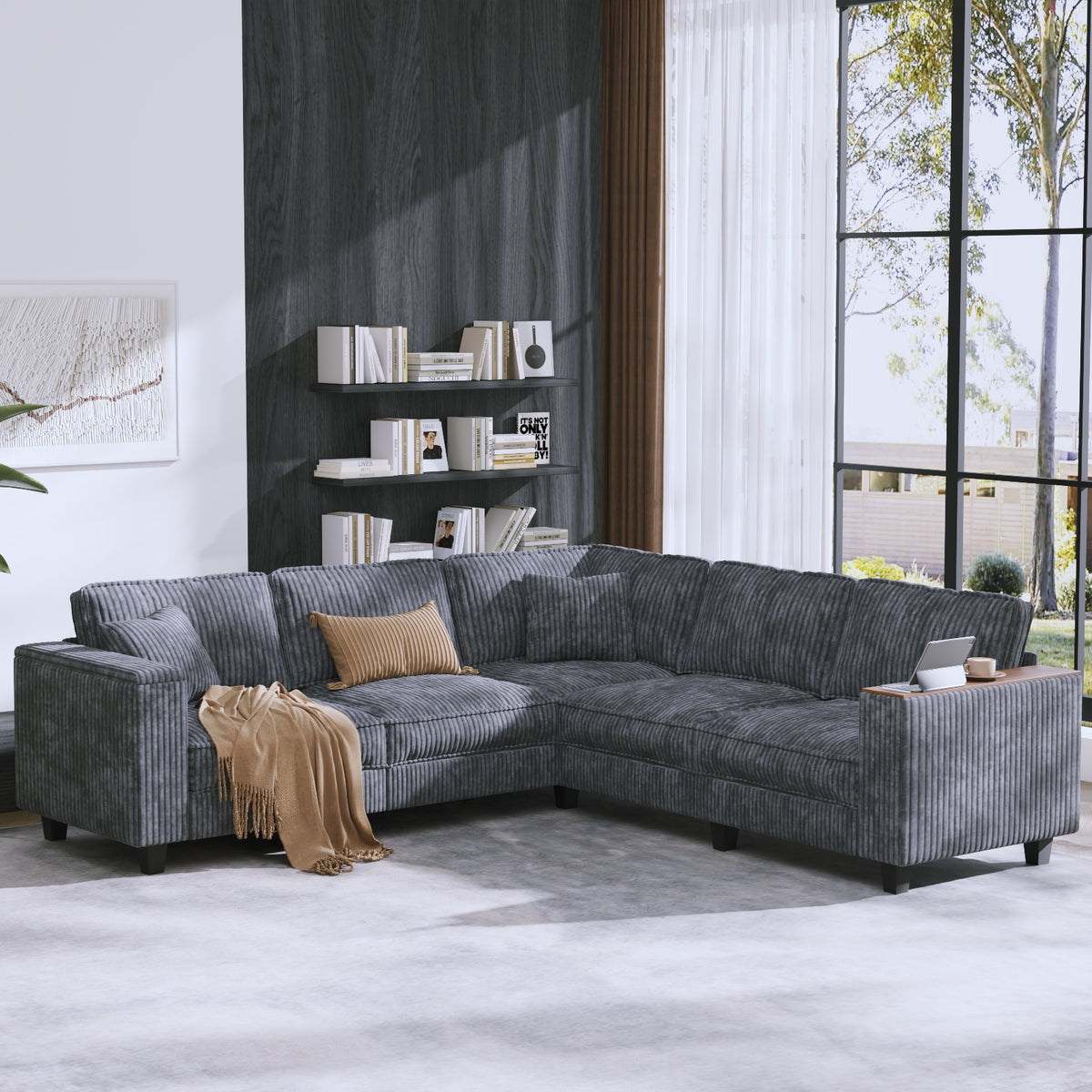 Eeeza L-Shaped Deep Sectional Sofa with Armrest Storage, 5-Seater