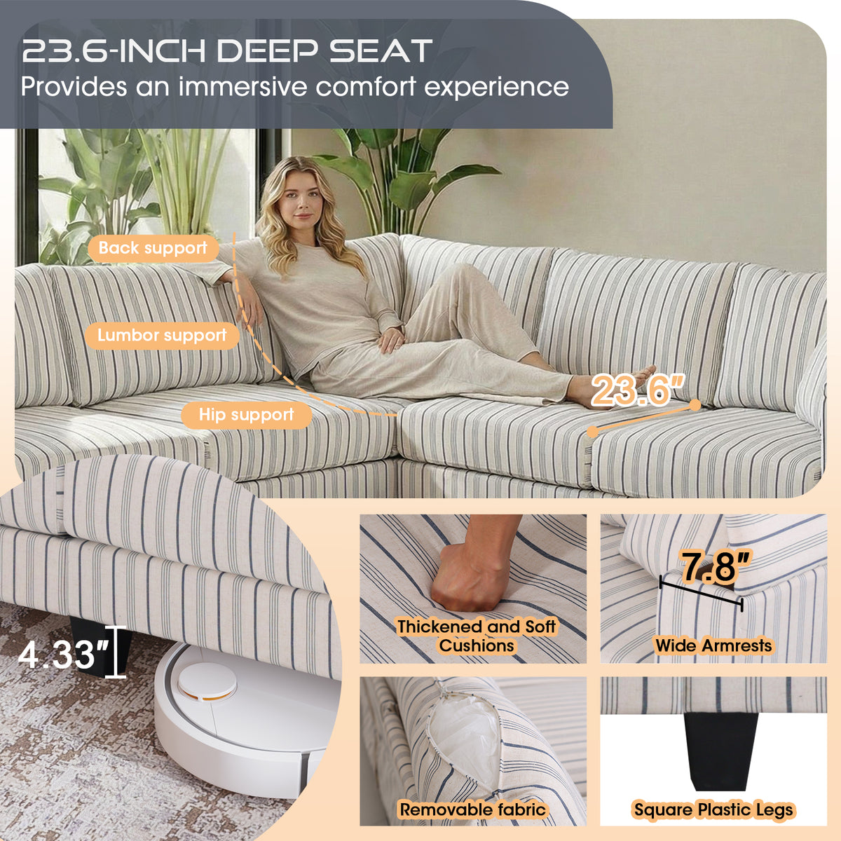 Eeeza L-Shaped Deep Sectional Sofa with Armrest Storage, 5-Seater