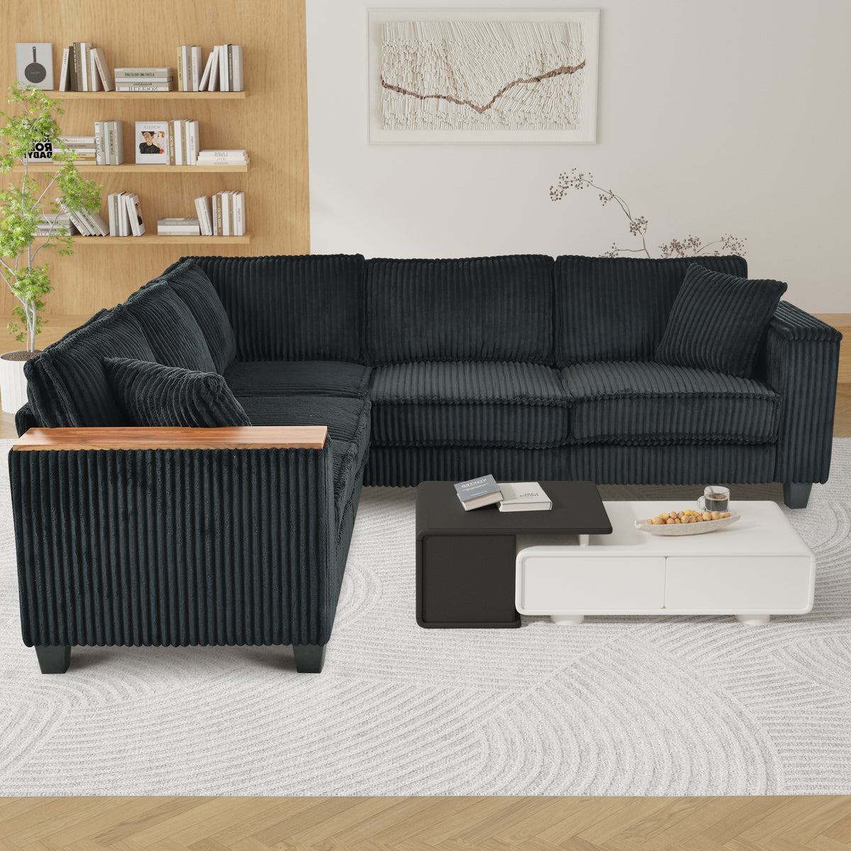 Eeeza L-Shaped Deep Sectional Sofa with Armrest Storage, 5-Seater