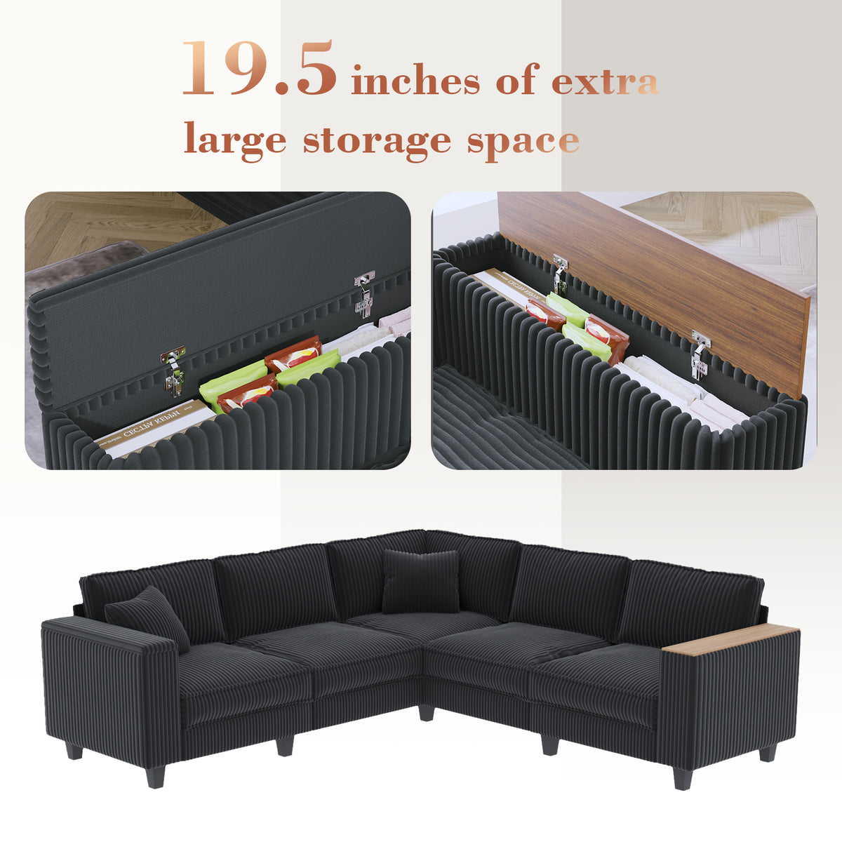 Eeeza L-Shaped Deep Sectional Sofa with Armrest Storage, 5-Seater