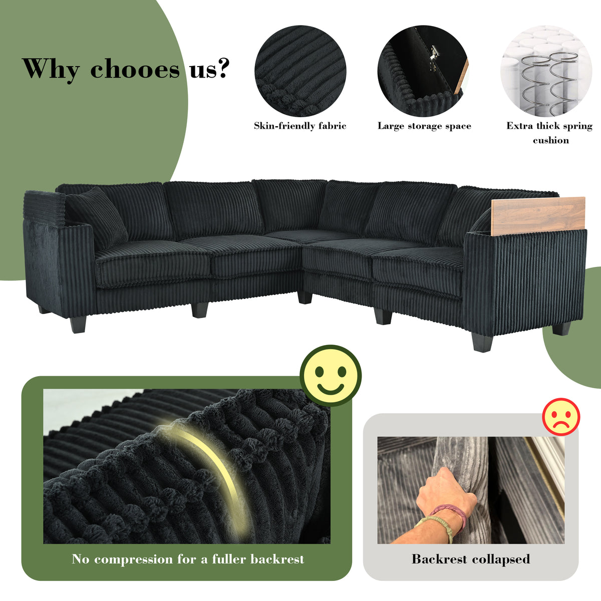Eeeza L-Shaped Deep Sectional Sofa with Armrest Storage, 5-Seater