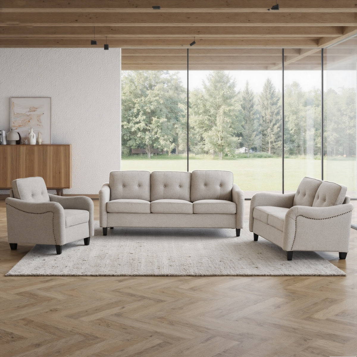 Eeeza Modern Sofa Set with 3-Seater, Loveseat and Armchair, Polyester