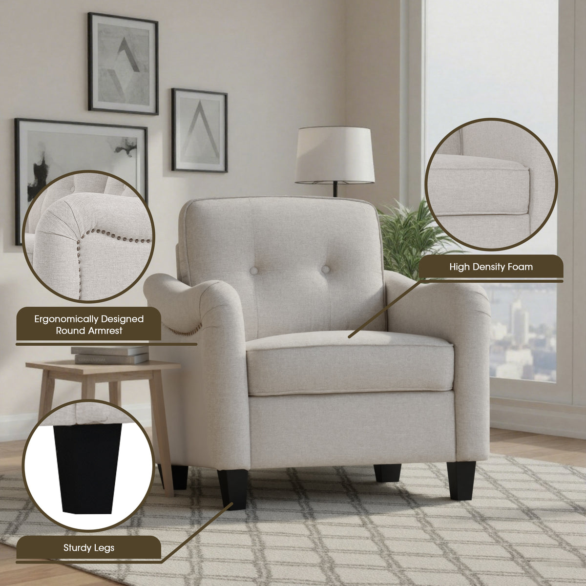 Eeeza Modern Sofa Set with 3-Seater, Loveseat and Armchair, Polyester