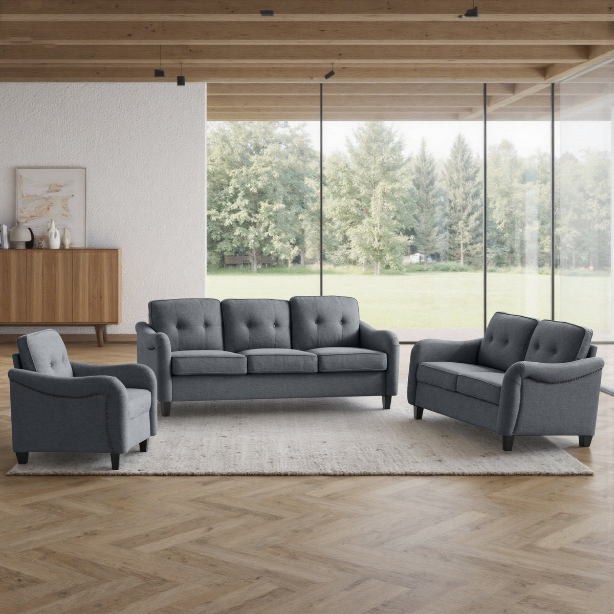 Eeeza Modern Sofa Set with 3-Seater, Loveseat and Armchair, Polyester