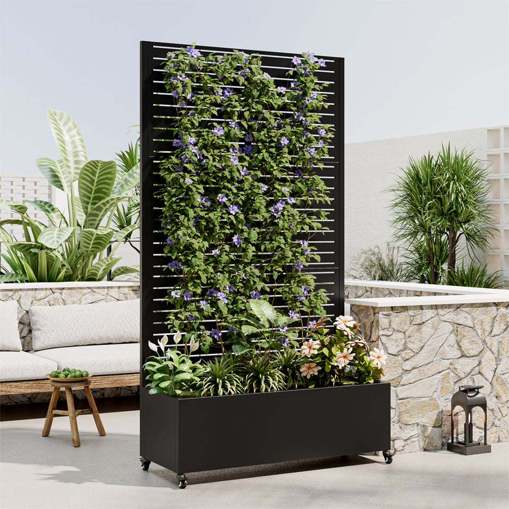 Eeeza Outdoor Flower Rack with Trellis and Wheels for Patio, Metal