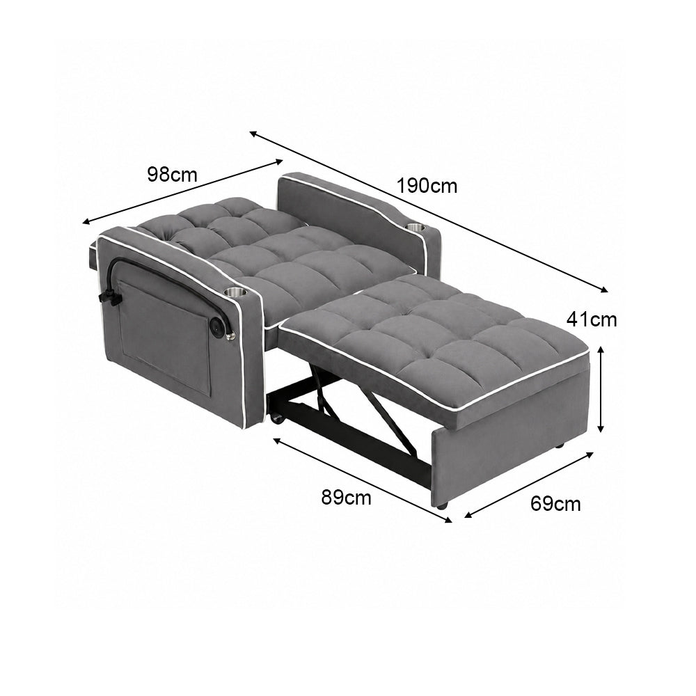 Single-seater Sofa Bed with USB Ports and a Phone Holder, 1.9m Length