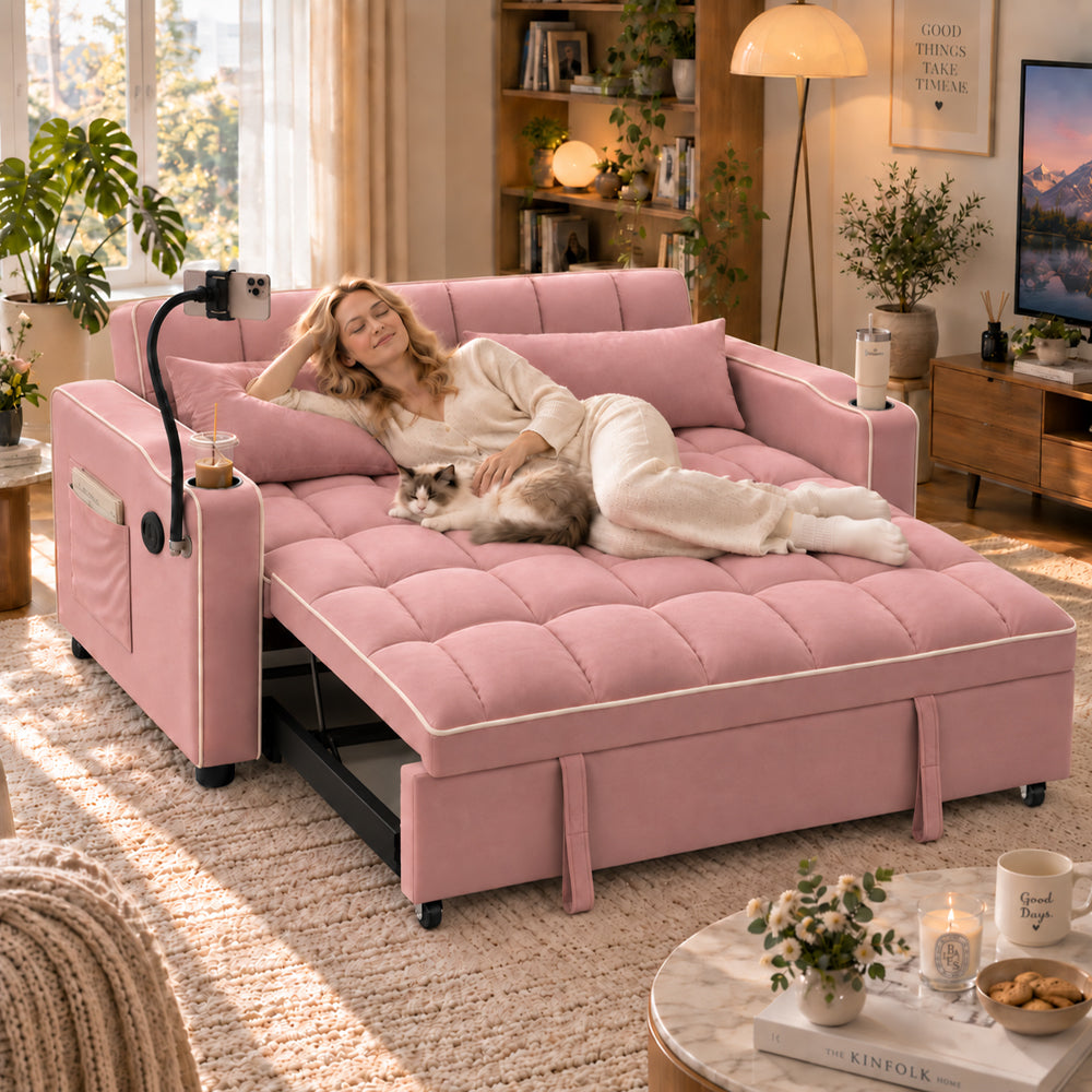 Eeeza Modern Sofa Bed with Phone Holder, Velvet, 2-seater, 190cm