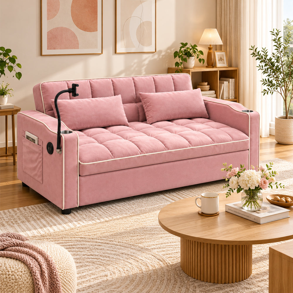 Eeeza Modern Sofa Bed with Phone Holder, Velvet, 2-seater, 190cm