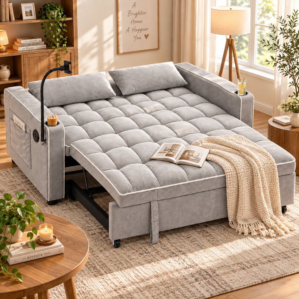 Eeeza Modern Sofa Bed with Phone Holder, Velvet, 2-seater, 190cm