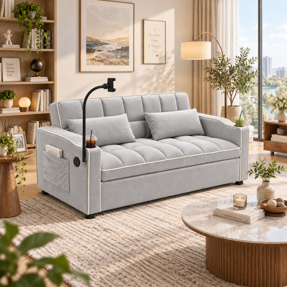 Eeeza Modern Sofa Bed with Phone Holder, Velvet, 2-seater, 190cm