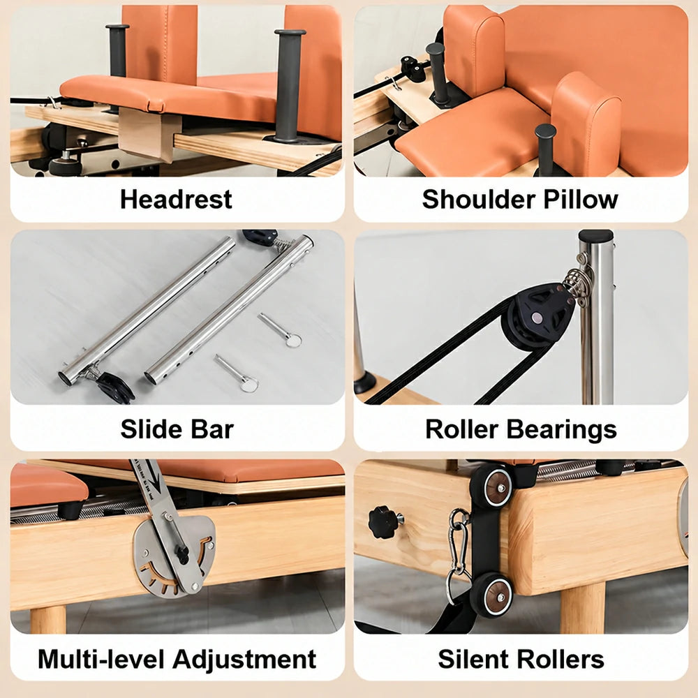 Eeeza Foldable Pilates Reformer for Home Studio, Oak Wood, 6 Springs