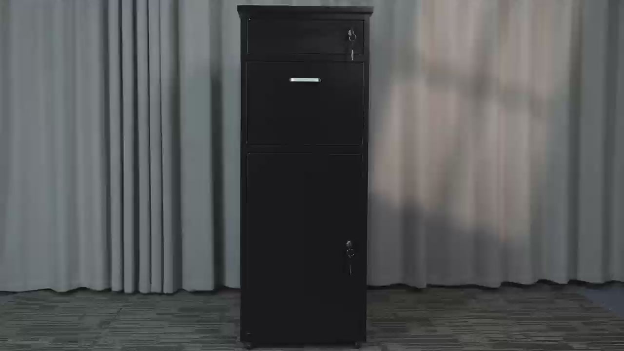 Load video: Package Delivery Box for Outside with Lock15.74&quot;L*16.92&quot;W*44.5&quot;H, Heavy-Duty Steel Package Drop Box with Anti-Theft Design, Weather-Resistant, Package Mailbox for Porch Ideal for Home or Office