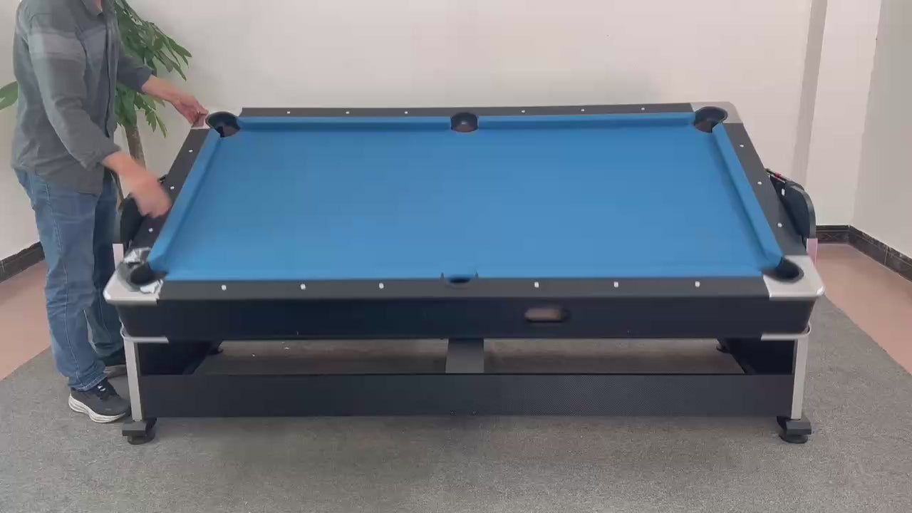 Load video: Eeeza 7FT 4 in 1 Flip Game Table with Pool Tennis Hockey Dining