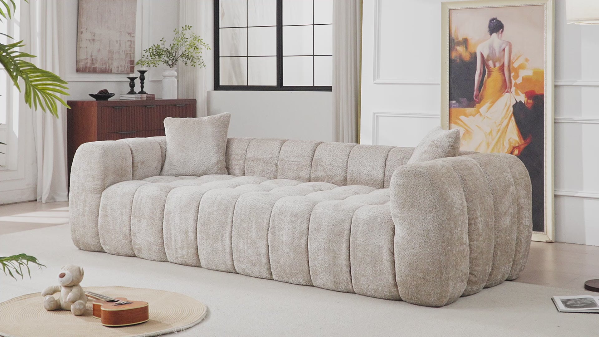 Load video: Eeeza Marshmallow Cloud Compression Sofa with 2 Cushions, 4-seater