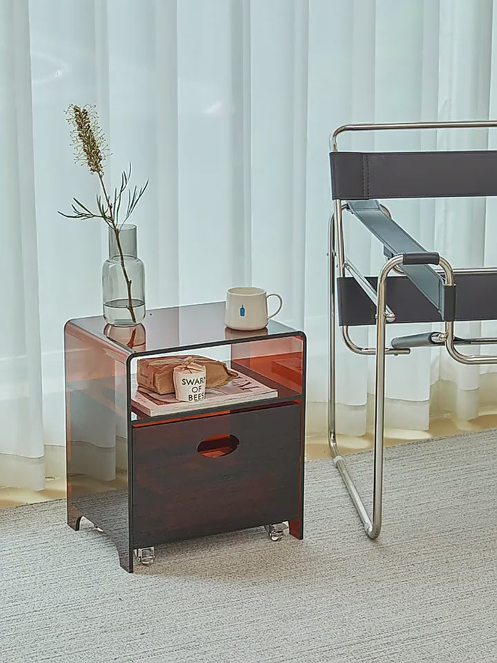 Load video: Acrylic Storage Side Table with Drawer and Wheels for Bedroom